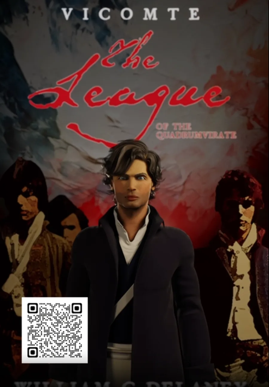 Guillaume Delane portrait with The League of the Quadrumvirate title art